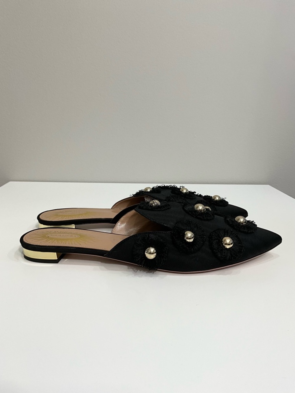 Aquazzura Sunflower Mules Black Canvas Gold Stud Embellished Slide Flats Size 39 - Picture 2 of 5